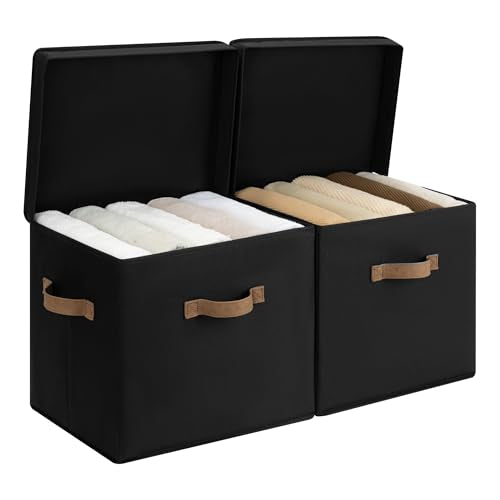 StorageWorks Fabric Storage Bins with Lid, Decorative Storage Boxes for Shelves, Stackable Closet Organizer Basket with Handles, Large, Black, 2-Pack - color: Black, size: 15"L x 11¼"W x 12½"H