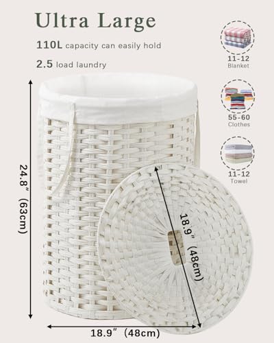 SETVSON Laundry Basket with Lid Round Rattan Laundry Hamper with Lid and Handles 29.1 Gal (110 L) Handwoven Woven Basket with Removable Bags and 2 Mesh Bags for Bathroom Living Room White - color: White, size: 110L