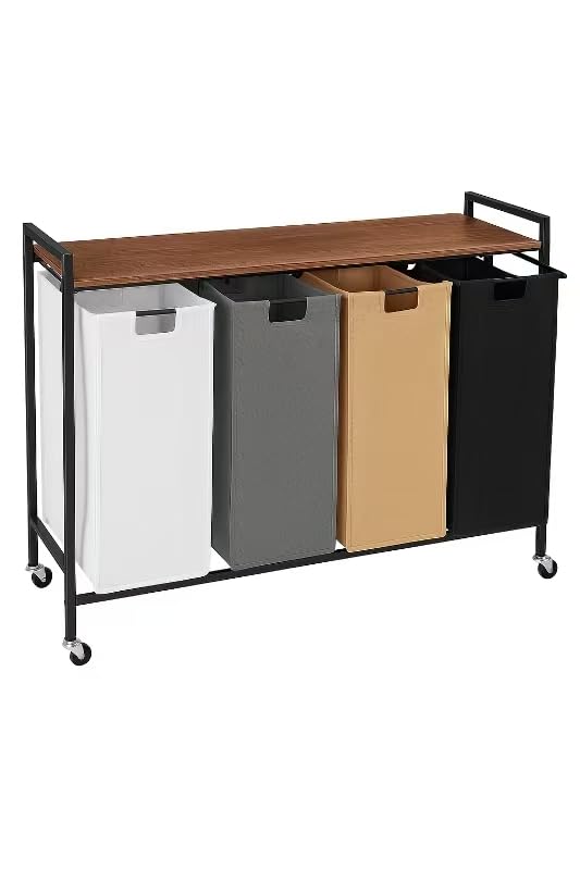 Laundry Sorter 3 Section, Rolling Laundry Hamper with Shelf, 3 Compartment Laundry Basket with Lid, Organizer Rustic Wooden Top (4baskets) - color: 4baskets