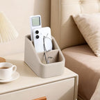 Remote Control Holder, PU Leather Nightstand Organizer Bedside Caddy with 3 Compartments, Small Desk Organizer for Remote/Pen/Glasses/Phone (Beige) - color: Beige