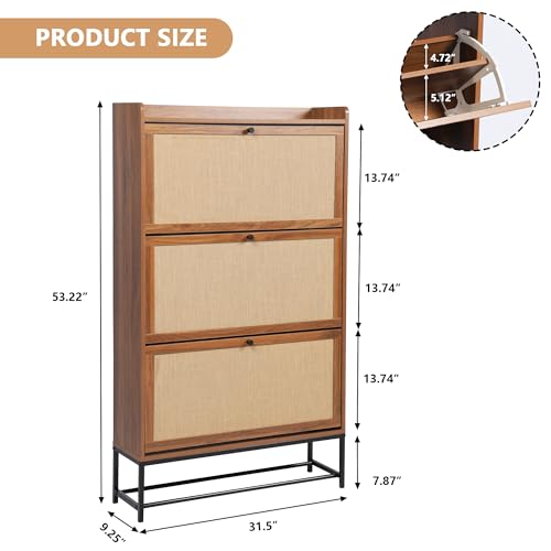 Shoe Cabinet Storage for Entryway, Narrow Shoe Cabinet with 3 Filp Drawers, Wood Freestanding Shoe Organizer Cabinet with Metal Legs, Hidden Storage Behind Door for Hallway, Living Room (Walnut) - color: Linen-walnut, size: 3 Drawer-Divider