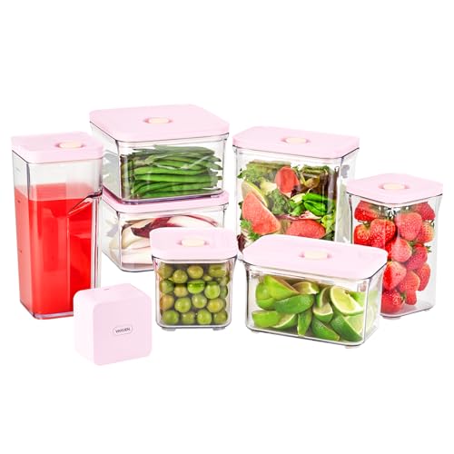 VAKUEN Premium Airtight Food Storage Containers ROSE 8P/SET, 6pcs Container, 1pcs Water Pitcher and Vacuum Sealer. Patented Double Silicone Lining, 100% Leak Proof, BPA-FREE