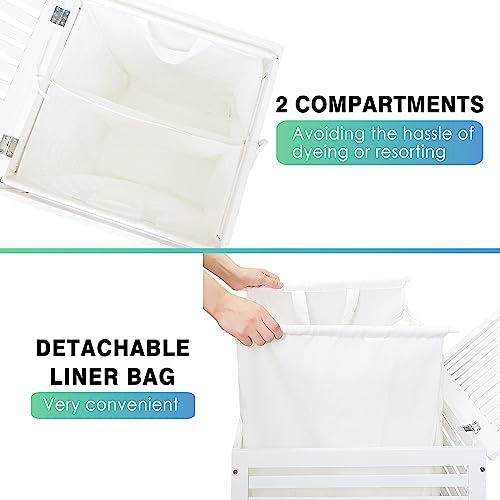 SMIBUY Double Laundry Hamper with Lid, 120L Bamboo Laundry Basket with Removable Liner Bag, 2-Section Clothes Divider Laundry Sorter for Laundry Room, Bathroom, Bedroom (White) - color: White