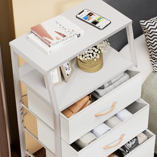 Furnulem Tall 4 Drawers Dresser, Vertical Storage Tower for Bedroom, Hallway, Entryway, Nursery, Closet Organizer, Nightstand Bedside Table Furniture, Sturdy Steel Frame, Wood Top, White - color: White, style: 4 Drawers
