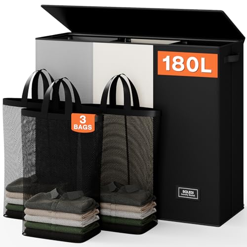 SOLEDI Laundry Hamper 3 section with lid and 3 Pcs Bag, Large Hamper 3 compartment 180L, Laundry Basket Laundry sorter Clothes hamper for Laundryroom Bedroom Blanket Storage Organizer - color: Black/White/Grey, size: 180L