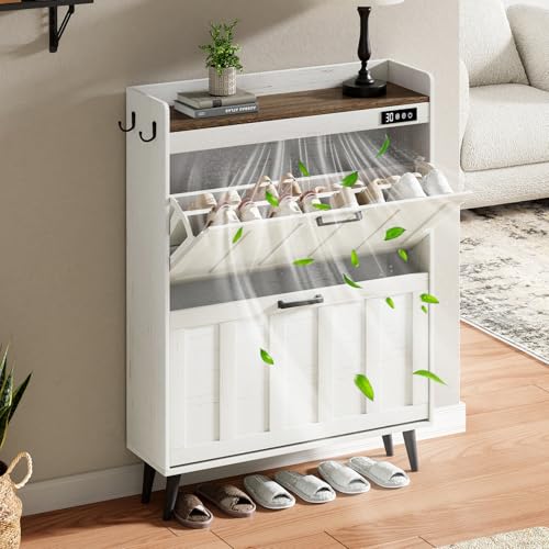 ChooChoo Shoe Storage Cabinet with 2 Flip Drawers, Deodorizing Shoe Organizer Storage for Entryway, Freestanding Hidden Slim Narrow Shoe Rack Cabinet, Antique White & Brown - color: Antique White & Brown, size: 2-Drawers