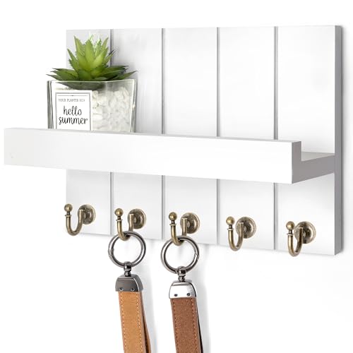 Rebee Vision Key Holder for Wall - Decorative Mail Organizer Wall Mount with 5 Key Hooks for Modern Farmhouse Apartment Essentials - Home Decor for Living Room (Rustic White, 3.54"D x 10"W x 7.28"H) - color: White, size: 10 Inch