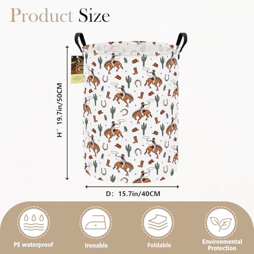 Collapsible Fabric Storage Basket, Waterproof Laundry Hamper with Handles, Round Storage Bin for Clothes Toys, Foldable Organizer for Bedroom Nursery Bathroom(Round-Cowboy) - color: Round-Cowboy