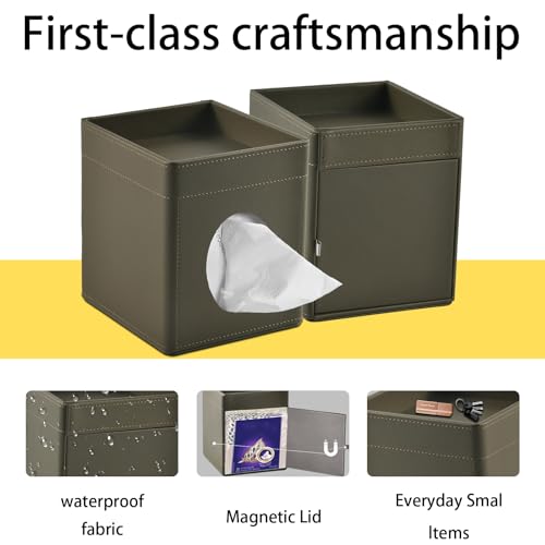 Tissue Box Cover Square Tissue Box Holder PU Leather Facial Tissues Organizer with Storage Tray for Bathroom Vanity Bedroom Office Car,Stylish Napkin Caddy Decorative Organizer (Olive-Green) - color: Olive-green