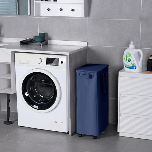 Vincona Slim Laundry Hamper with Lid and Wheels, Small Rolling Laundry Basket with Handle for Small Spaces, Tall Dirty Clothes Hampers for Dorm, Bathroom and Bedroom, 75L, Blue - color: Navy Blue, size: 75L
