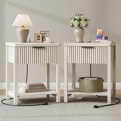 Lulive Wooden Modern White Night Stand, Fluted Nightstand with Charging Station (Set of 2, Grey White) - color: Grey White, size: 1 Drawer-Set of 2 Nightstand