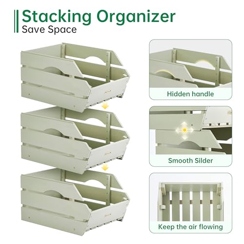 Wood Potato Onion Storage Bins - Wooden Stackable Produce Basket - Fruit Vegetable Storage for Kitchen Pantry Organization, Set 3 Pieces - color: Pebble Gray