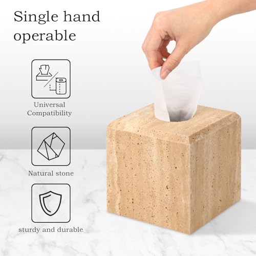 Natural Marble Square Tissue Box Cover,Stone Modern Decorative Sturdy Napkin Box Holder Case,Facial Paper Organizer for Bathroom Vanity Toilet Countertop,Kitchen (1, Travertine, 5.71 * 5.71 * 5.51) - color: Travertine