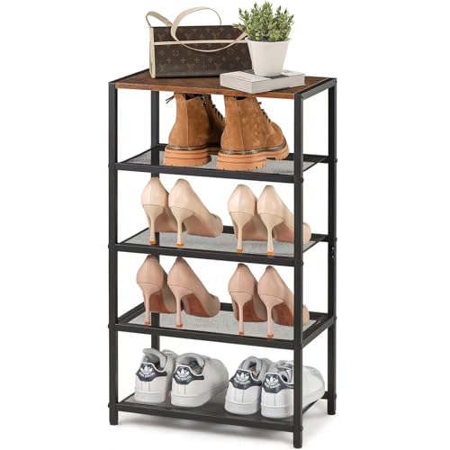 Narrow Shoe Rack for Front Door Entrance, Entryway, and Closet Shoe Organizer with 4 Sturdy Metal Mesh Shelves and Wooden Top, Holds 10 Pairs, Ideal for Storage or Display - size: 17"D x 10.24"W x 30.7"H