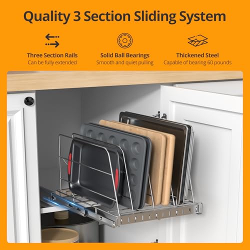 Pull Out Cabinet Organizer for Cutting Board, Cookie Sheet, Baking Sheet, Stainless Steel Sliding Rack for Bakeware & Trays, Heavy-Duty Cutting Board Organizer (12.9” x 16.5” (32.6 x 41.8 cm)) - style: 12.9”W x 16.5”D (32.6 x 41.8 cm)