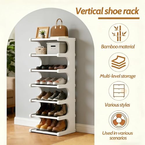 39" Bamboo Shoe Rack - Vertical Shoe Organizer Rack for Small Space, Narrow Shoe Tower for Closet, Entryway, Corner, Tall Shoe Shelf with Removable Shelves, Flexible Storage Shelf for Saving Space - color: White