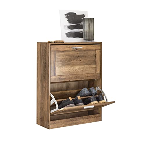 SoBuy Narrow Shoe Cabinet Entryway, Slim Shoe Rack 2 Flip-Drawers, Shoe Storage Cupboard for Hallway Brown FSR137-F - color: Natural, size: 2 Drawers
