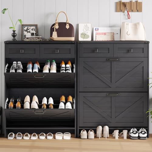 Halitaa Shoe Cabinet with 2 Flip Drawers & 2 Drawers,Farmhouse Shoe Storage Cabinet for Entryway,Slim Freestanding Narrow Organizer Rack for Front Door Entrance,Black - color: Black, style: 2-Drawers