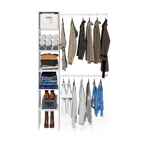 Furinno FANO Closet Organizers and Storage, 5-Tier Closet Storage Organizer with 2 Hanging Bars, Wardrobe Closet Shelf Towers, Adjustable Shelves, for Wardrobe, Bedroom, Living Room, White - color: White, size: 2-Hanging-Bar