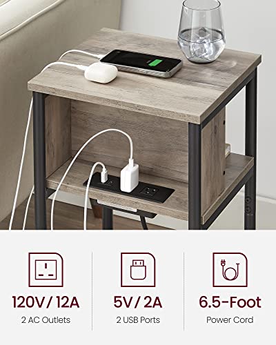 VASAGLE Side Table with Charging Station, 3-Tier End Table with USB Ports and Outlets, Nightstand for Living Room, Bedroom, 11.8 x 13.4 x 22.8 Inches, Plug-in Series, Greige and Black - color: Greige + Black