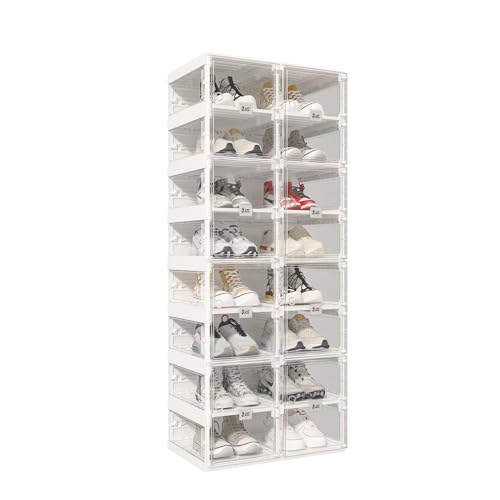 ANTBOX Foldable Shoe Rack,Shoe Organizers for Closet Plastic Shoe Storage Box Space Saving for Entryway, Large Sturdy Stackable Sneaker Cabinet Bins with Magnetic Clear Door 8 Tiers 16 Pairs - color: Clear, size: 8 Tiers 16 Pairs