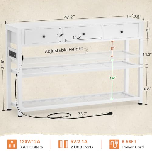 Ecoprsio 47'' Entryway Table with Outlets and USB Ports, Console Table with 3 Drawers, Sofa Table Narrow Long with Storage Shelves for Living Room, Couch, Hallway, Foyer, Kitchen Counter, White - color: White, size: 47-In