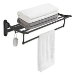 BESy 24 Inch Matte Black Towel Racks, Bathroom Towel Shelf with Foldable Towel Bar Holder and Towel Hooks, Wall Mounted Multifunctional Bathroom Accessories, Double Towel Bars - color: Matte Black