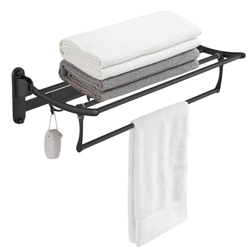 BESy 24 Inch Matte Black Towel Racks, Bathroom Towel Shelf with Foldable Towel Bar Holder and Towel Hooks, Wall Mounted Multifunctional Bathroom Accessories, Double Towel Bars - color: Matte Black