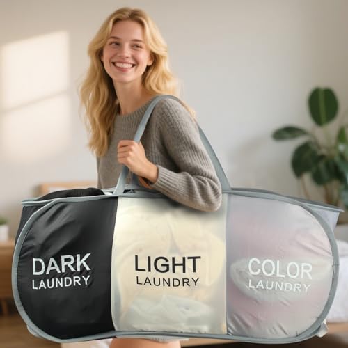 Seefoo 3-Section Foldable Hamper for Laundry, Collapsible Laundry Baskets with Easy Carry Handles, Space-Saving Clothes Pop Up Hamper with Dark/Light/Color Sorting Labels for Home, Travel, Dorm - style: 3 Compartment