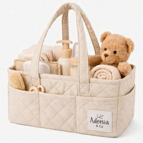 Adonia & Co Diaper Caddy Organizer – Nursery Storage Basket for Newborn Essentials Must Haves & Baby Must Haves – Portable, Machine Washable Baby Diaper Bag Organizer (Beige) - color: Beige