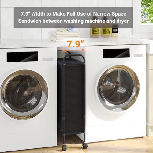 ELYKEN Slim Laundry Hamper with Lid, 50L Small Rolling Laundry Basket on Wheels, 7.9” Narrow Dirty Cloth Cart with Removable Inner Bag for Small Bathroom, Bedroom, Black - style: Black-50L