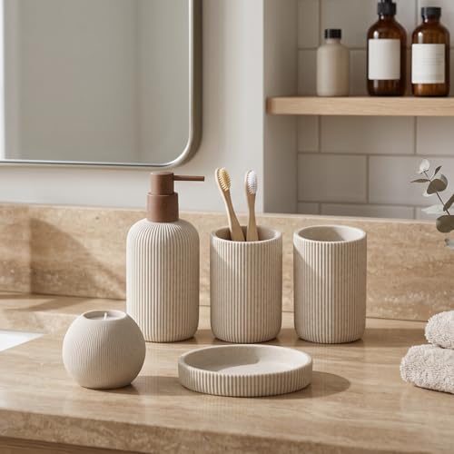 Bathroom Accessories Set, 5 PCS Sandstone Look Stripe Modern Bath Organizer with Soap Dispenser, Toothbrush Holder, Tumbler, Soap Dish, Candle Holder for Countertop Kitchen Sink (Beige) - color: Beige