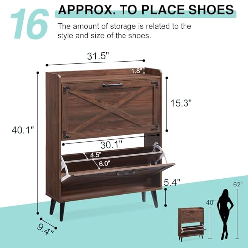 Barnyatoh Shoe Storage Cabinet,Farmhouse Shoe Organizer with 2 Flip Drawers & Barn Door Design,Freestanding Hidden Slim Narrow Shoe Rack Cabinet for Entryway,Foyer,Hallway,Walnut - color: Walnut, size: 2-Drawers