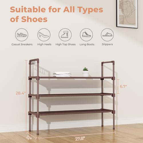 LANTEFUL 3 Tier Shoe Rack for Closet Shoe Organizer with 5 Hooks, Long Shoe Shelf Storage for Shoe and Boot Stackable Free Standing Shoe Rack for Entryway, Garage, Small Spaces, Dorm, Brown - color: Brown, size: 27.8"W - 3 Tier