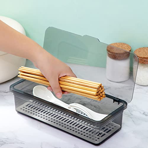 Flatware Tray Kitchen Drawer Organizer With Lid And Drainer - Plastic Kitchen Cutlery Tray and Utensil Storage Container with Cover - Dinnerware Holder for Spoons Forks Knives 10.0x4.3x2.8 - color: Coffee
