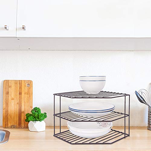 3-Tier Corner Shelf Counter and Cabinet Organizer - Steel Metal Wire - Rust Resistant - Plates, Dishes, Cabinet & Pantry Organizer - Kitchen Organization (10 x 7.5 Inch)(Black) - color: Bronze