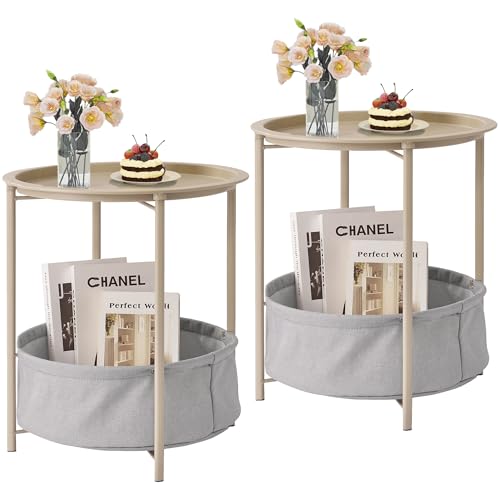 VECELO Round Side/End Table with Fabric Storage Basket，Metal Anti-Rust and Waterproof Small Bedside Nightstand with Removable Tray Top for Living Room，Balcony & Laundry，Grey /2pcs with Basket - color: Grey, size: 2 PCS with Basket