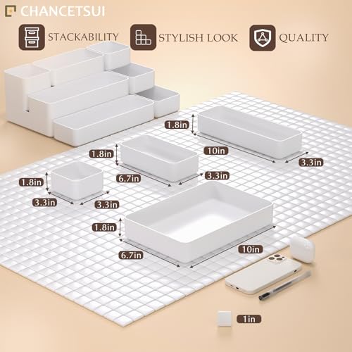 9 Pcs Stackable Drawer Organizer Trays Set, Multifunctional Stackable Storage Trays for Vanity, Bathroom, Kitchen, Desk Drawer Organizer Office. Plastic Drawer Organizers Available In 5 Colours, White - color: 9-4White