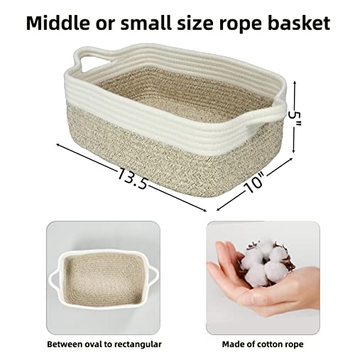 Woven Cotton Rope Storage Basket with Handles for Organizing Shelves Closet Small Cat Dog Pet Toy Baskets Box Bin Decorative Rectangle Baby Nursery Basket Gift Basket Empty - color: white and brown