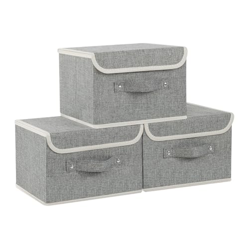 Storage Boxes, Collapsible Storage Bins with Lids, Cotton and linen cloth Storage Baskets with Handle, for Books, Closet, Bedroom, Home, Grey, 3 Pack 10.2 X 7.9 X 6.7in - color: Grey, size: 10.2x7.9x6.7in(3-pack)