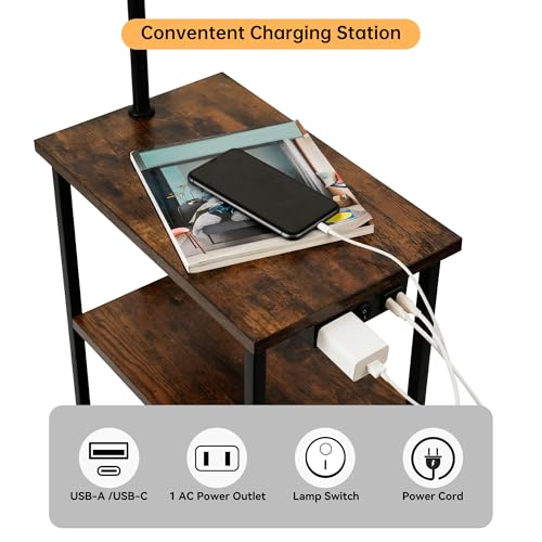 Floor Lamp with Table, Narrow Side Table with Fabric Basket, USB-A/USB-C Charging Station and AC Port, 3 Color Temperatures 12W LED Bulb, End Table for Bedroom, Living Room and Home Office, Brown - color: Brown