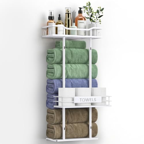 Towel Racks for Bathroom, 30inch Wall Mounted Towel Rack, Towel Storage for Small Bathroom Can Holds 6 Large Towels, Floating Shelf with Adjustable Tissue Basket.(White) - color: White