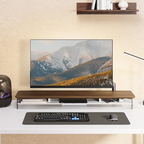 Fenge Acrylic Monitor Stand Riser, 42.5 Inches Dual Monitor Stand with Metal Storage, 2 Tier Acrylic Computer Riser for Desk, Clear Laptop Stand for PC, Laptop, Printer, TV, Brown - color: Brown, size: 42.5in