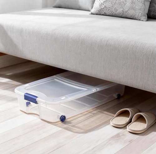 66 Quart Wheeled Latch Box, Clear Underbed Storage Bin with Lid, Blue