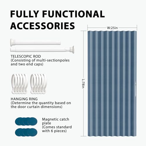 Jilron Accordion Door Curtain Set - 100% Blackout, with Curtain Rod Included, for Bedroom Privacy Protection (Blue-43 W x 78" L+Rod) - color: Blue, size: 43"W x 78"L (Pack of 1)