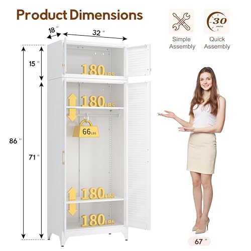 UNICOLY Armoire Wardrobe Closet with Doors, 86'' Wardrobe Cabinet with Hanging Rod, Metal Closet with 2 Adjustable Shelves for Bedroom School, Employee, Gym, White, Shipped in 2 Packages - color: White, size: 86 Inch Louvered Doors