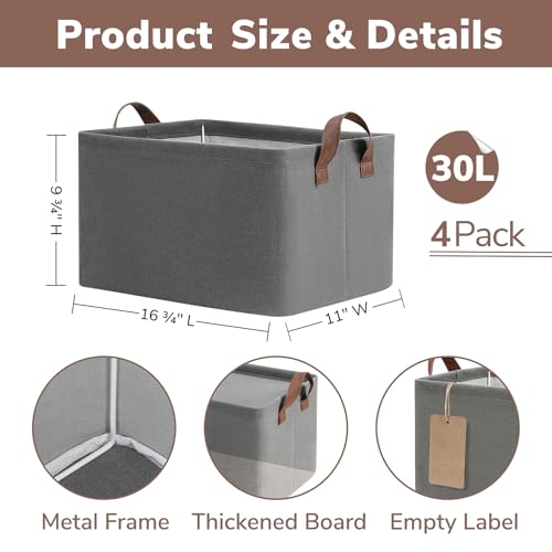 CHICVITA Storage Baskets for Shelves, Large Fabric Storage Bins with Metal Frame, Closet Organizer Bins for Living Room Bedroom, 16 ¾" L x 11" W x 9 ¾" H, Gray, 4-Pack - color: Grey 4-Pack, size: 16 ¾" L x 11" W x 9 ¾" H