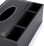 PU Leather Tissue Box Cover - Multifunctional Tissue Box Holder with Stationery Remote Control Box - Elegant and Stylish Home Napkin Holder Desktop Tissue Paper Holder Desk Storage Organizer (Black)