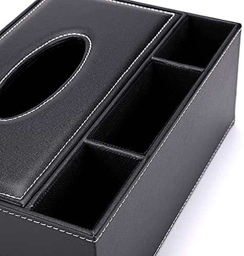 PU Leather Tissue Box Cover - Multifunctional Tissue Box Holder with Stationery Remote Control Box - Elegant and Stylish Home Napkin Holder Desktop Tissue Paper Holder Desk Storage Organizer (Black)