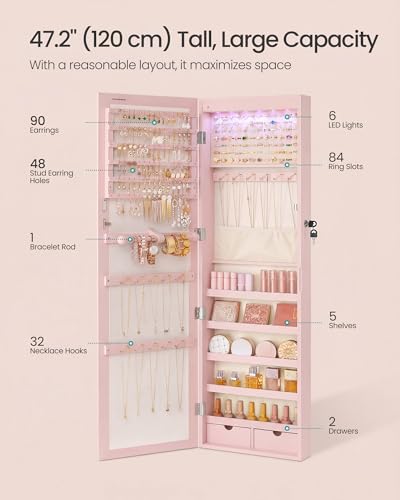 SONGMICS 6 LEDs Mirror Jewelry Cabinet, 47.2-Inch Tall Lockable Wall or Door Mounted Jewelry Armoire Organizer with Mirror, 2 Drawers, 3.9 x 14.6 x 47.2 Inches, Jelly Pink UJJC093SA02S - color: Jelly Pink